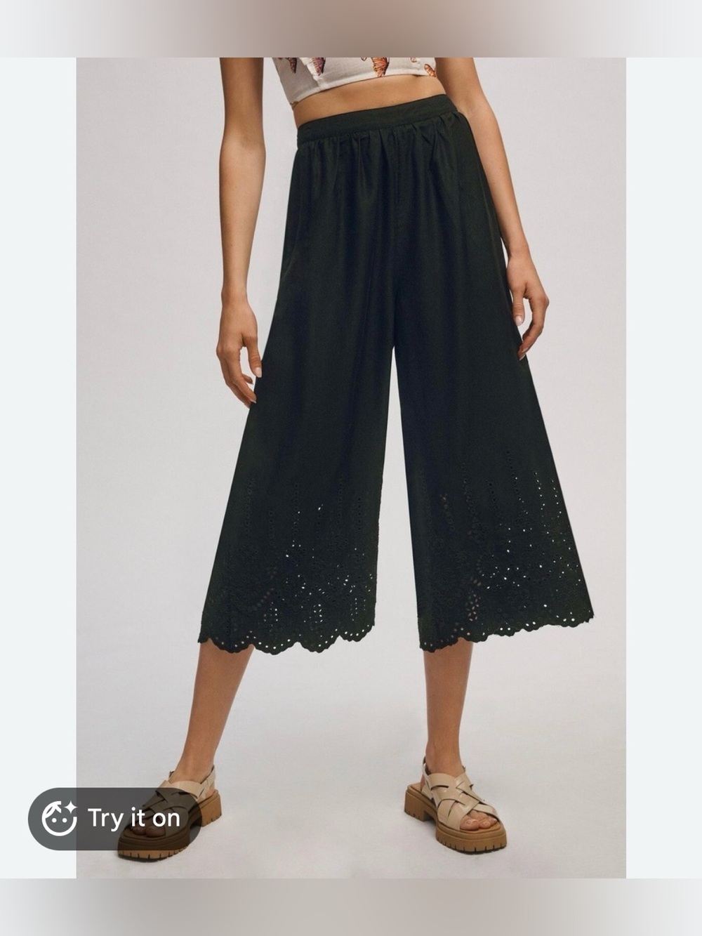 Anthropologie Black Eyelet Cropped Wide-Leg Pants